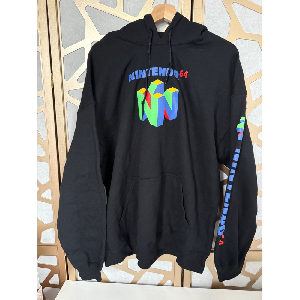 Nintendo 64 N64 Logo Graphic Hoodie Black Mens XL Retro Gaming Sleeve Print